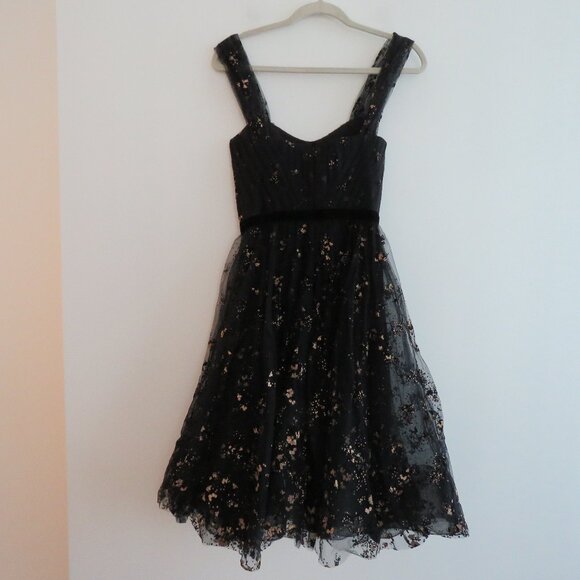 MARCHESA NOTTE Flocked Glitter Tulle Tea Length Dress Black Gold - Size 4 - Picture 13 of 15